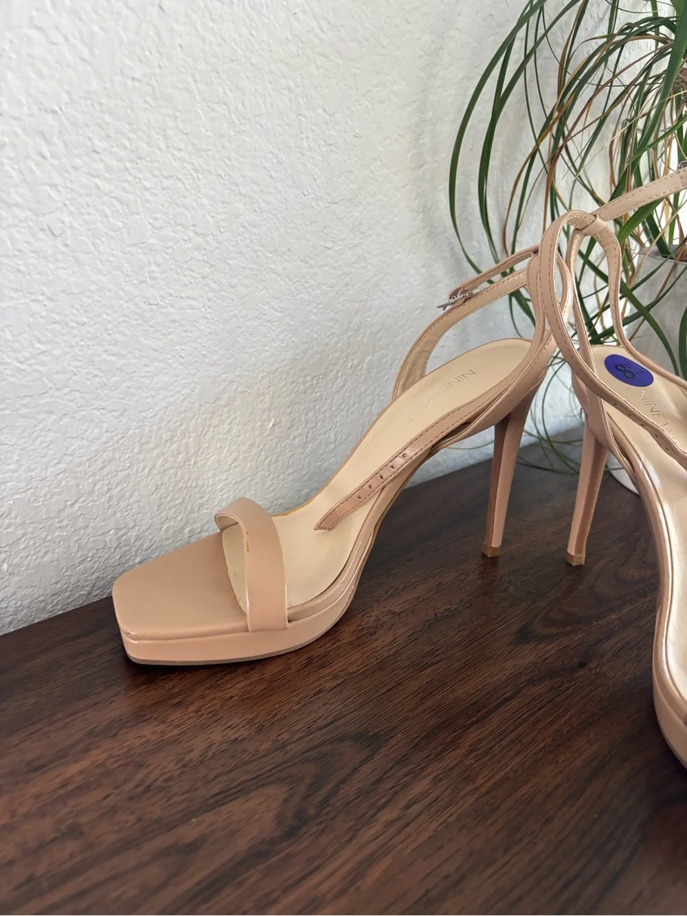 Nine West Nude Beige Ankle-Strap Square-Toe Heels